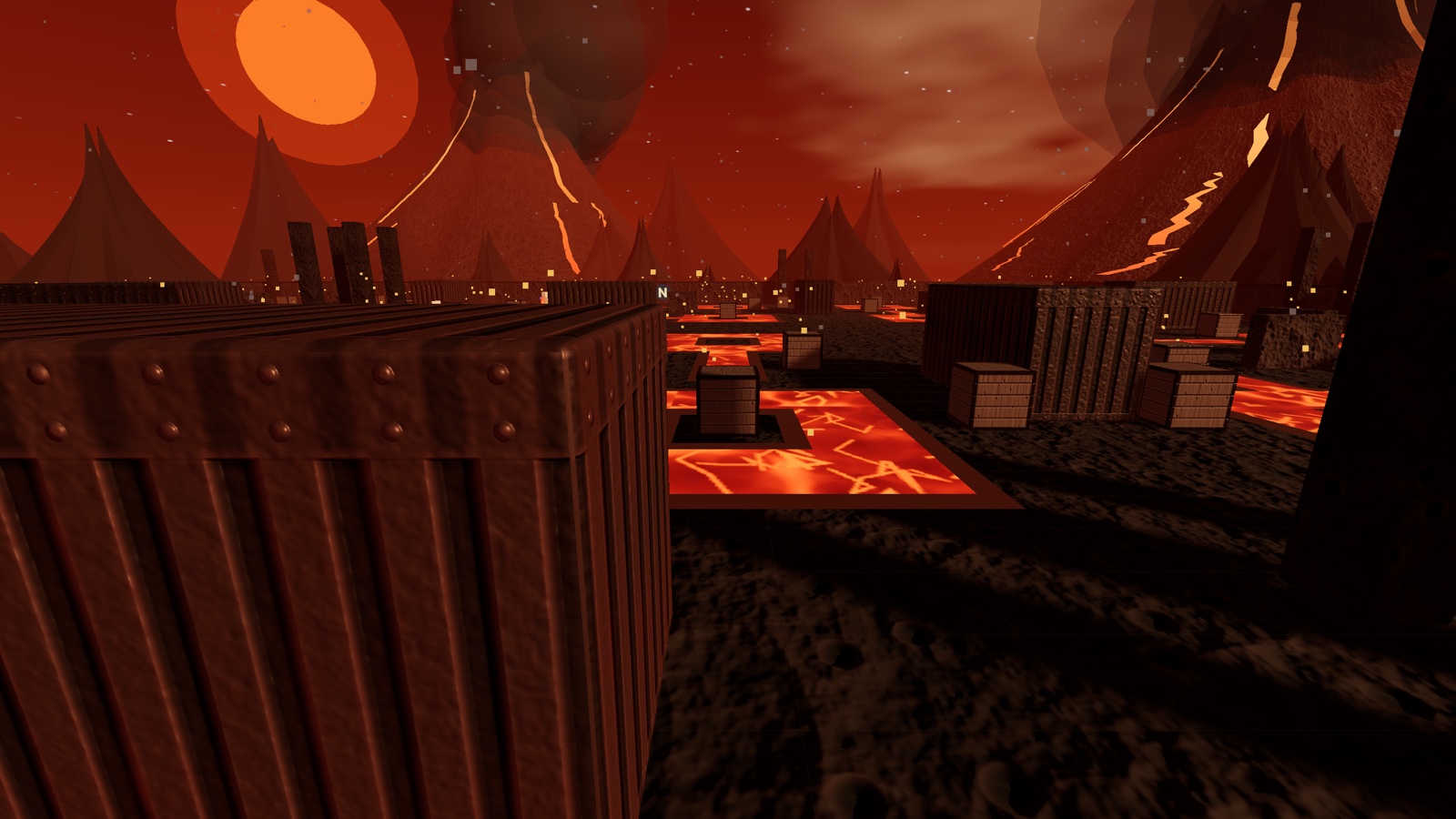 Ground level in the Floor is Lava arena: a metal container beside a glowing lava pool with a safe island, erupting volcanoes filling the sky behind.