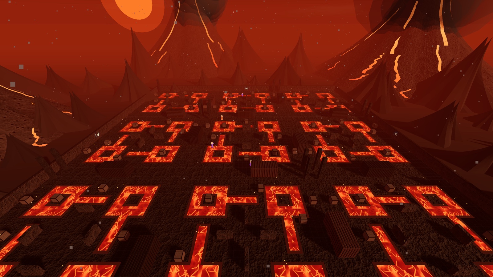 The Floor is Lava arena from above: a repeating grid of stone walkways with square lava pools and safe islands in each quadrant, volcanoes erupting on the horizon.