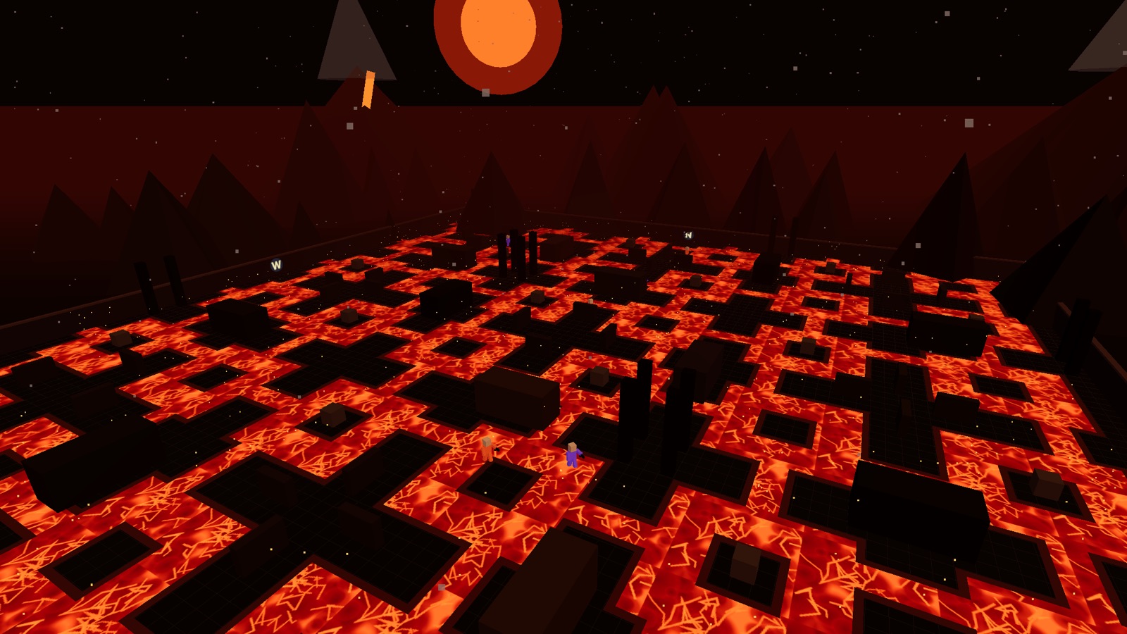 L'arena Il pavimento è lava: passerelle di pietra nera che attraversano lava arancione incandescente, con giocatori a blocchi che si riparano sotto un vulcano in eruzione.