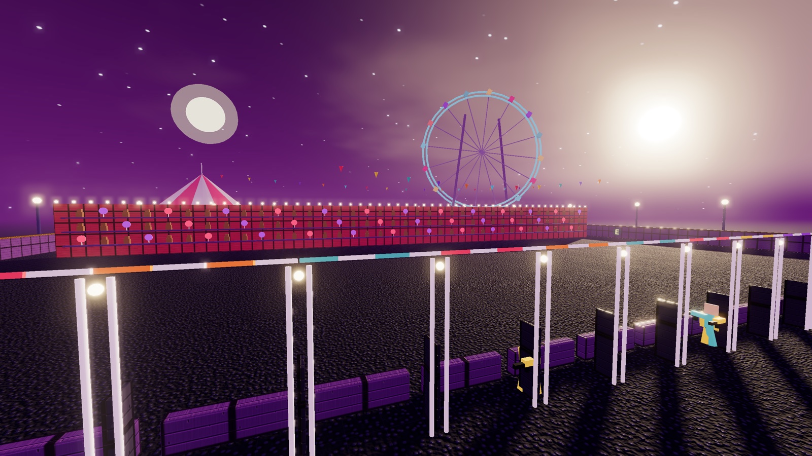 The Shooting Gallery arena: a row of fairground stalls with striped awnings and lit posts facing a distant prize wall, under a purple dusk sky with a ferris wheel behind.