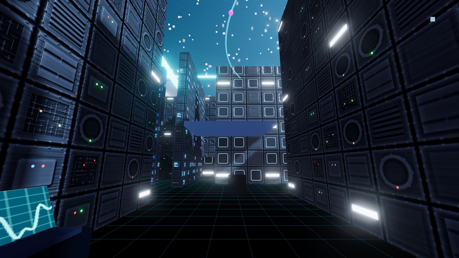 A corridor in the zero-gravity Space Station arena, strip lights running along the hull plating and a platform ledge above, with a player floating in the distance.