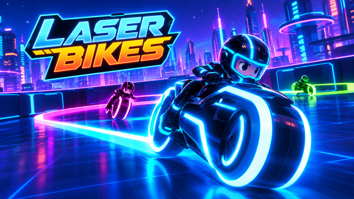 Copertina di Laser Bikes: piloti su moto di luce al neon sfrecciano su una griglia scura lasciando muri di luce, sotto lo skyline di una città futuristica di notte