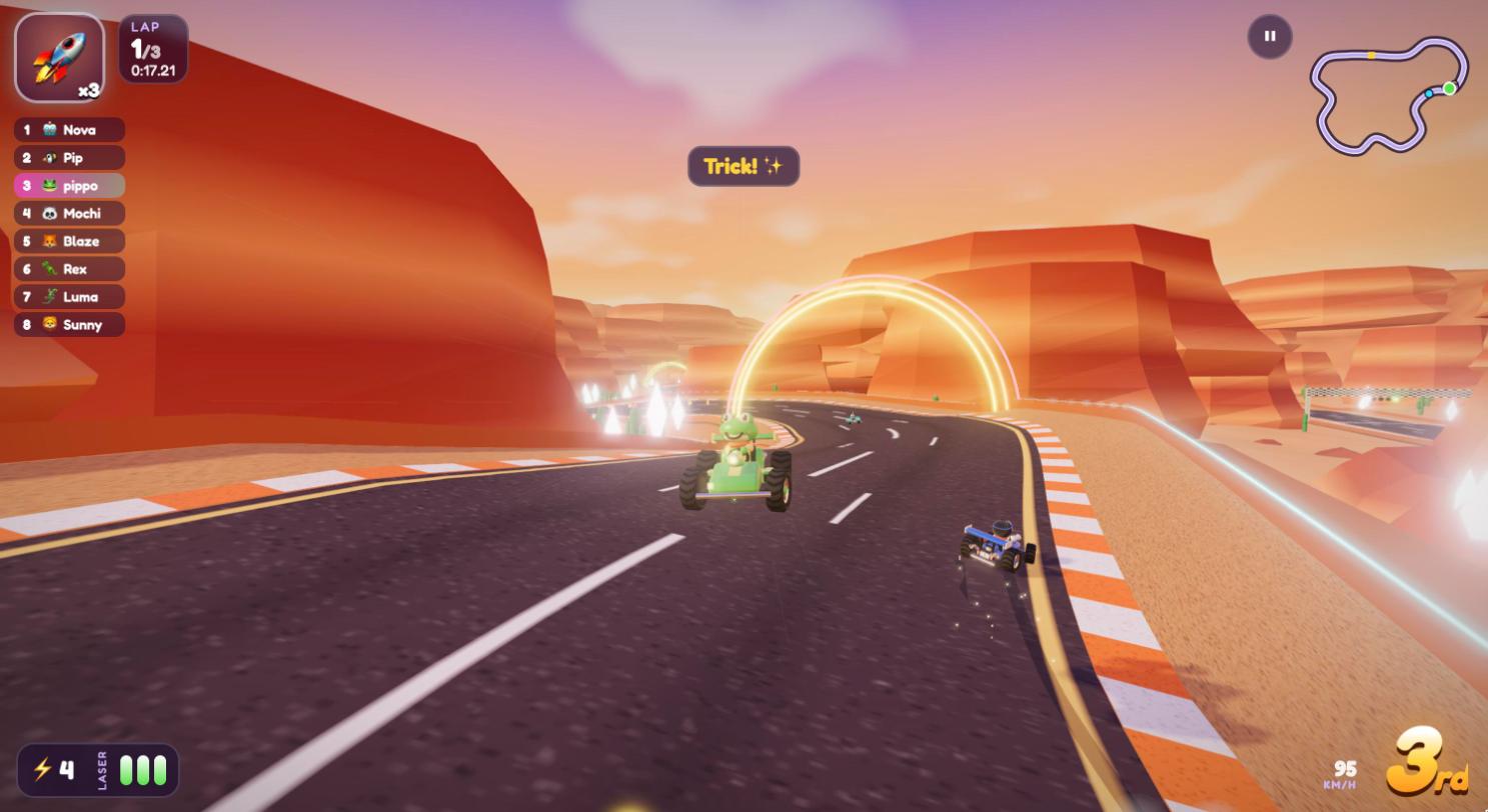 LaserKart on Crystal Canyon: a green frog kart flies off a ramp under a glowing arch, between red rocks and shining crystals, with “Trick!” and a triple turbo on screen