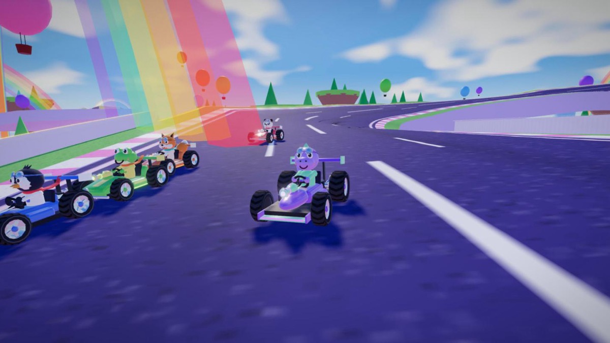 LaserKart on Cloud Circuit: a dino, a penguin, a frog, a fox and a panda race their karts along a purple road in the sky, with rainbows, balloons and floating islands