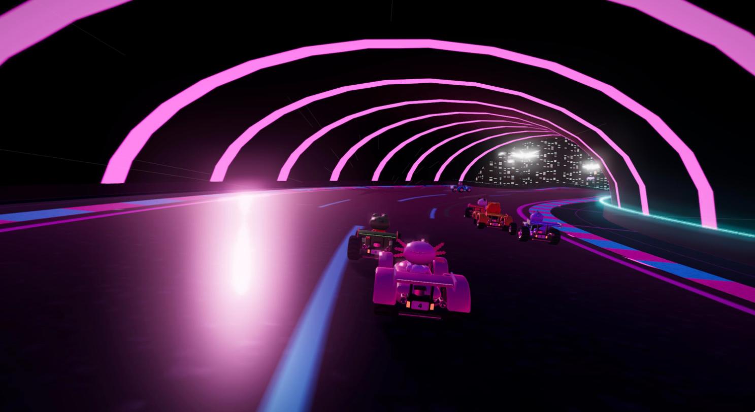LaserKart in a laser tunnel on Neon City: a pink axolotl kart chases four karts through glowing pink arches towards the city lights