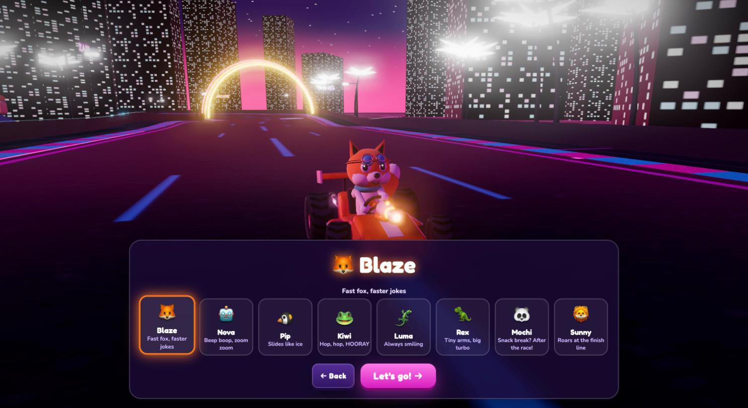 The LaserKart racer screen: Blaze the fox in an orange kart on a neon city street, above the eight racers Blaze, Nova, Pip, Kiwi, Luma, Rex, Mochi and Sunny