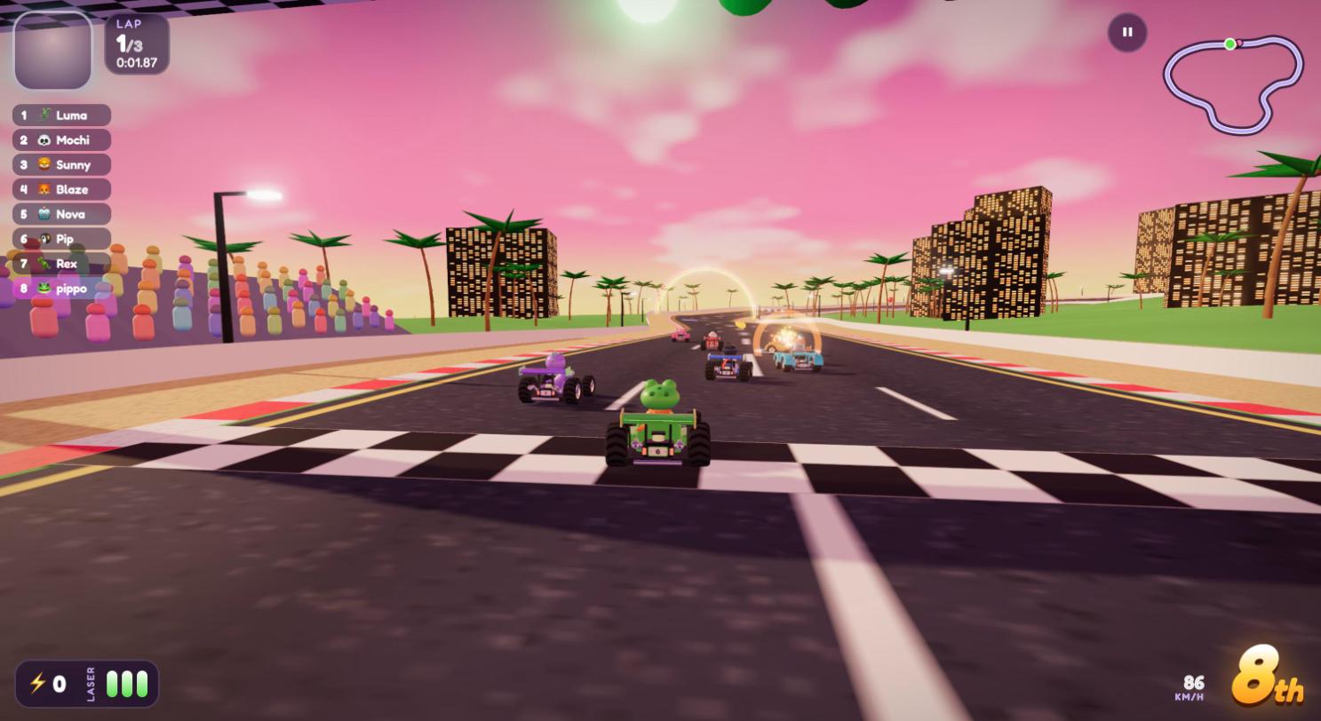 A LaserKart race just after the start on Sunset Coast: a green frog kart crosses the checkered line behind six other karts, with palm trees, towers and the race order on screen